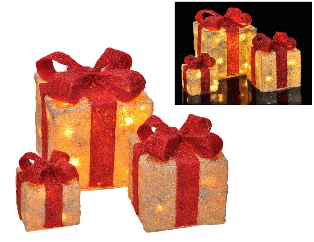 LED Geschenkboxen 3er Set warmweiß Timer Batteriebetrieb Sisal
