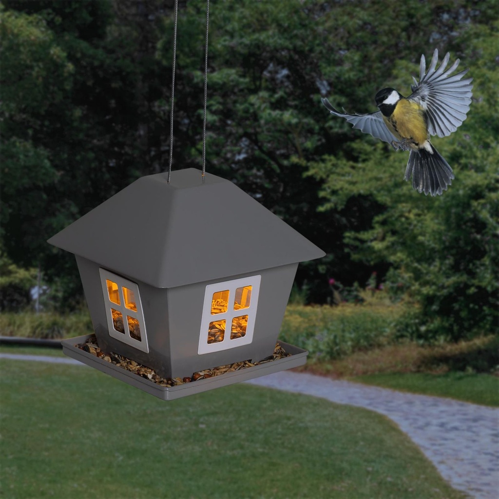 LED Solar Vogelfutterhaus mit Licht zum Aufhängen Garten Metall grau